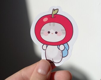 Cute cat apple school vinyl sticker, kawaii stickers, cute art, animal stickers