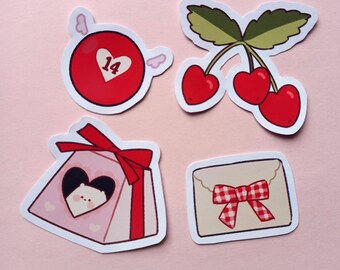 Cute Valentine's Day vinyl stickers, kawaii stickers, cute art, cherry stickers, sticker bundle