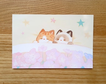 Cute Floral Sleepy Cat Print, Adorable Cat, Animal Prints, Flower prints, Kawaii Illustration, Cat Postcard