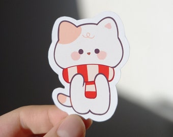 Cute cat scarf winter vinyl sticker, kawaii stickers, cute art, animal stickers