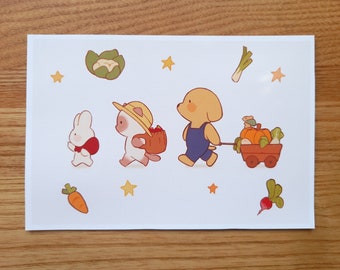 Cute Vegetable Animal Print, Adorable Cat, Animal Prints, Vegetable prints, Kawaii Illustration, Animal Postcard