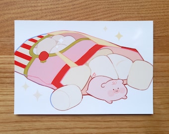 Cute Pig Marshmallow Print, Adorable Pig, Animal Prints, Pink prints, Kawaii Illustration, Animal Postcard