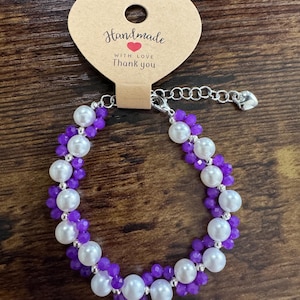 Handmade White Pearl Purple Crystal Multi-Row Bracelet – Silver Tone Layered Jewelry