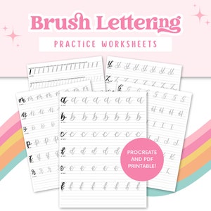 May include: A set of printable brush lettering practice worksheets for the letters A to Z. The worksheets are designed for use with Procreate and are also printable as PDFs. The worksheets feature a rainbow background.