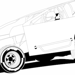 Pode incluir: Um desenho a preto e branco de um carro de corrida com um condutor na cabina. O carro está inclinado e o pneu dianteiro está em primeiro plano.