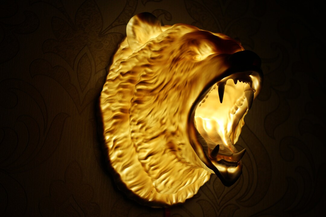 Angry Bear Head Lamp, Large Bear Head Wall Decor, Animal Head Bust