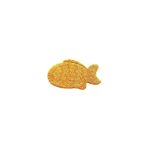 May include: A golden yellow embroidered fish-shaped patch.