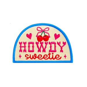 Howdy Sweetie Patch | Pink Kawaii Cherry Heart Cowgirl Country Music Festival Iron-On Applique | Embroidered DIY Girly Trucker Hat Badge