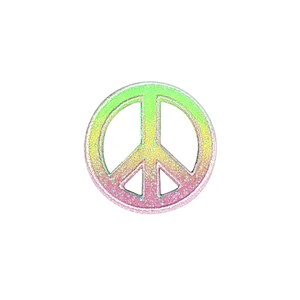 May include: A peace sign charm with a glittery finish. The charm is a gradient of pink, yellow, and green.