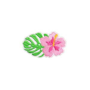 Pink Hibiscus Leaf Patch | Hawaiian Flower Iron-On Applique | Floral Embroidered DIY Badge | Tropical Luau Island Beach Jacket Accessory