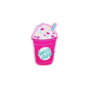 May include: Pink embroidered patch of a milkshake with whipped cream and sprinkles. The cup has the text "Sweet Drink" on it.