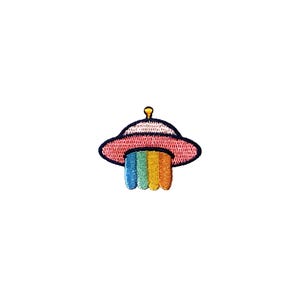 Stick-On Mini Pastel Rainbow UFO Patch | Kawaii Uchuu Kei Pink Alien Spaceship Self-Adhesive Sticker Badge | DIY Jacket Craft Accessory