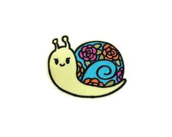 Floral Snail Patch | Kawaii Flower Garden Boho Iron-On Applique | Girly Snail DIY Badge | Girls Teen Backpack Jean Jacket Craft Accessory