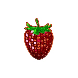 Jordgubbsglitter Disco-lapp | Kawaii rosa glittrig frukt-strykapplikation | Retro metallisk spegelboll dansfest DIY jacka hantverksmärke