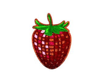 Erdbeer Glitzer Disco Aufnäher | Kawaii Pink Sparkle Obst Bügelbild | Retro Metallic Spiegelball Tanzparty DIY Jacke Handwerk Abzeichen