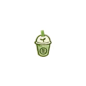May include: Green embroidered patch of a cartoon green tea boba drink with a straw and the word "草" in a circle on the side.