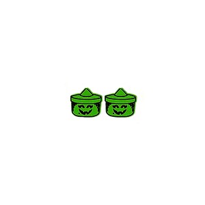 May include: Two green Halloween-themed pumpkin-shaped containers with a smiling face and a pointy hat.
