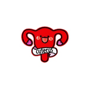 May include: Red embroidered patch of a uterus with a smiling face and the word "cuterus" written on a banner.