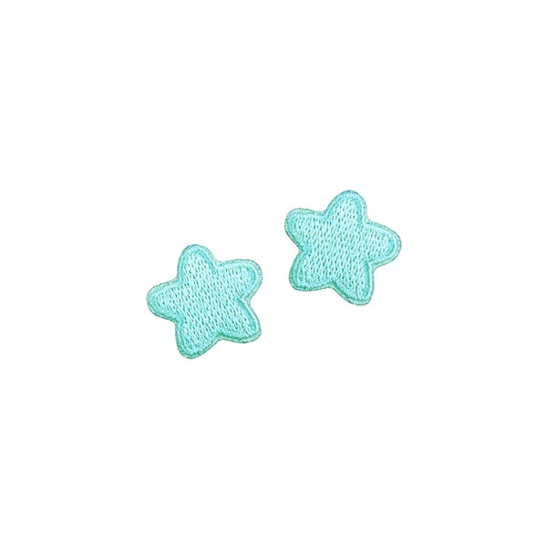 Stick-On Tiny Blue Puffy Star Patches | 2x Mini Pastel Aqua Kawaii Stars Iron-On Appliques | Teen Girls Fairy Kei DIY Jacket Lapel Badge Set