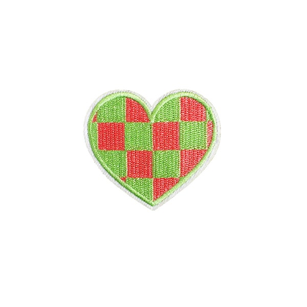 Pink + Green Checkered Heart Patch | Kawaii Heart Checker Love Iron-On Applique DIY Badge | Girly Skater Backpack Teen Jacket Accessory