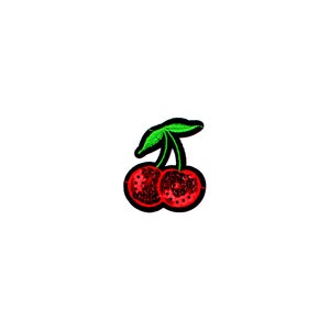May include: Embroidered patch featuring a pair of red cherries with black stems and green leaves. The cherries have a textured appearance with a black outline. This patch is suitable for clothing or accessories.