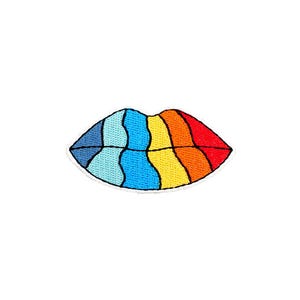 May include: Rainbow-colored embroidered patch shaped like a pair of lips.
