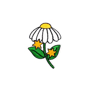 Op de afbeelding: Witte madeliefje bloem met een gele kern en twee gele stervormige bloemen op groene stelen en bladeren.