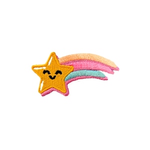 Kawaii Shooting Star Patch | Happy Rainbow Puffy Star Pastel Iron-On Applique | Embroidered Fairy Kei DIY Badge | Backpack Jacket Accessory
