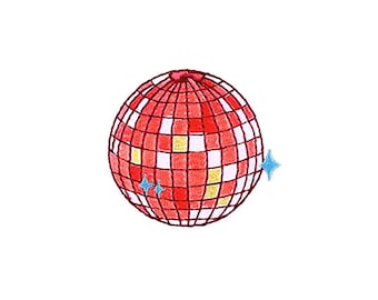 Puede incluir: Una bola de discoteca roja con una superficie espejada y pequeñas estrellas azules alrededor.
