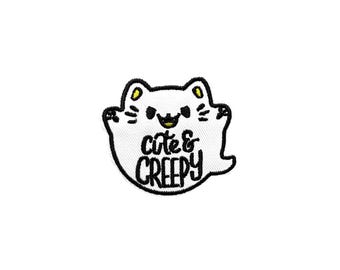 Cat Ghost Patch | Kawaii Spooky CUte Creepy Kitty Halloween Spirit Iron-On Applique | Kitten DIY Badge | Backpack Jacket Craft Accessory