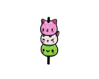 Dango Kitty Patch | Kawaii Japanese Mochi Dumpling Cat Animal Iron-On Applique | Craft DIY Badge | Embroidered Backpack Jacket Accessory