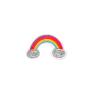 May include: A colorful rainbow patch with a white background and silver clouds on either side. The rainbow has red, orange, yellow, green, blue, and purple stripes.