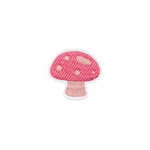 May include: Pink embroidered mushroom patch with white outline.