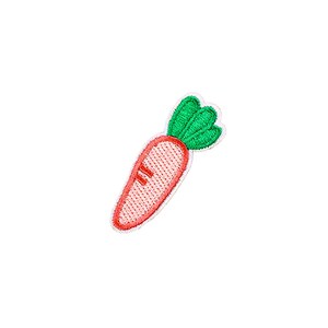 May include: A small, embroidered patch of a carrot with green leaves. The carrot is orange and the leaves are green.