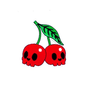May include: Two red cherries with skull faces and green stems and leaves.