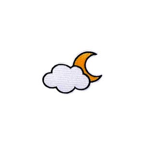 May include: Embroidered patch featuring a white cloud with a black outline and a crescent moon in shades of yellow and orange. The patch is designed with a minimalist style, perfect for adding to clothing or accessories.