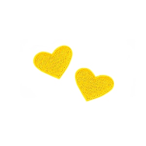 Tiny Bright Yellow Heart Patches | 2x Mini Heart Love Iron-On Appliques | Embroidered DIY Badge Set | Baby Doll Lapel Jacket Craft Accessory