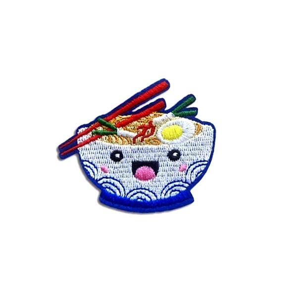 Happy Ramen Patch | Japanese Kawaii Food Pho Udon Noodle Soup Bowl Iron-On Applique | Embroidered DIY Badge | Chopsticks Jacket Accessory