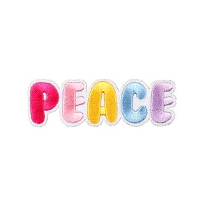 May include: A colorful embroidered patch with the word "PEACE" in rainbow colors. The letters are puffy and outlined in white.