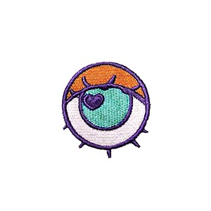 May include: Purple and white embroidered eye patch with a turquoise eye and a small purple heart in the corner.