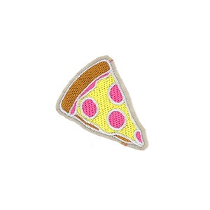 May include: A yellow and pink embroidered pizza slice patch. The patch is made of felt and has a brown crust.