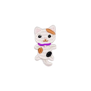 May include: White, orange, and black embroidered iron-on patch of a cartoon cat wearing a purple collar.
