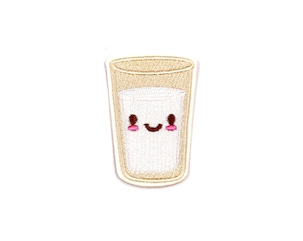 Toppa Happy Milk / Applicazione termoadesiva in vetro di latte Kawaii / Distintivo ricamato fai da te / Accessorio artigianale per bambini, cibo, pranzo, bevanda, tazza, zaino, giacca