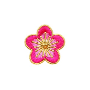 Pink Cherry Blossom Patch | Japanese Sakura Flower Iron-On Applique | Floral Metallic Gold Embroidered DIY Badge | Backpack Jacket Accessory
