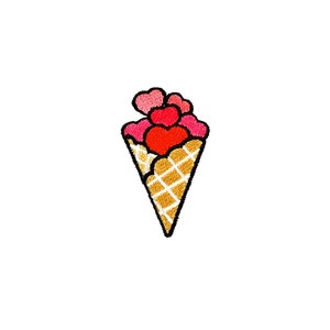 Heart Waffle Cone Patch | Pink Heart Valentines Day Love Ice Cream Cone Iron-On Applique | Embroidered DIY Badge | Backpack Jacket Accessory