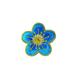 Blue Cherry Blossom Patch | Japanese Sakura Flower Iron-On Applique | Floral Metallic Gold Embroidered DIY Badge | Backpack Jacket Accessory