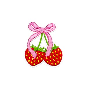 May include: Two red strawberries with green leaves and a pink bow tied around the stems.