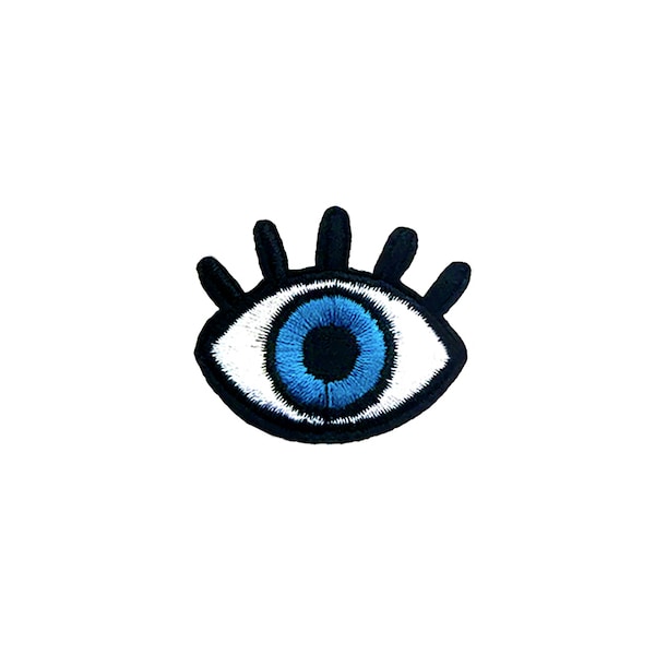 Mini Evil Eye Patch | Blue Eyeball Eyelashes Iron-On Applique | Embroidered DIY Lucky Talisman Badge | Teen Backpack Jacket Accessory