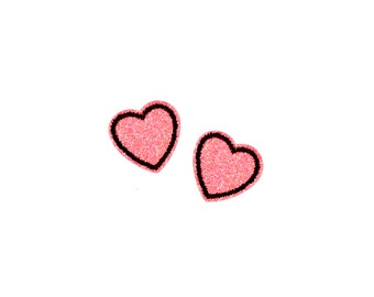 Stick-On Hot Pink Glitter Heart Patches | 2x Tiny Kawaii Iridescent Sparkle Love Self-Adhesive Sticker Applique Set | Girls DIY Craft Supply