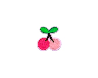 Tiny Pink Cherries Patch | Mini Double Cherry Fruit Iron-On Applique | Kawaii Embroidered DIY Badge | Girls Teen Jean Jacket Craft Accessory